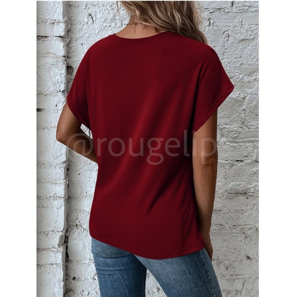 Twist Detail Burgundy Tee Shirt Short Sleeve Round Neck - Picture 3 of 12